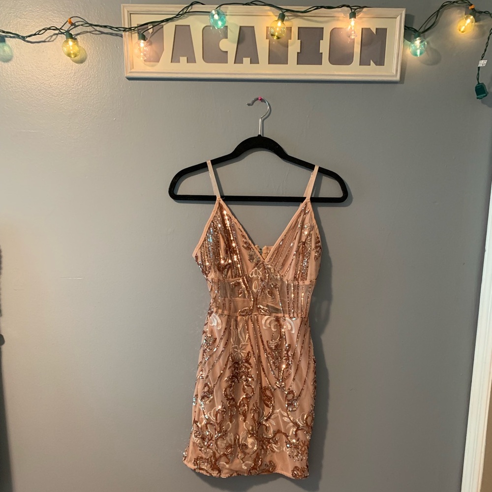 Gold sequin & mesh detailed mini NYE dress